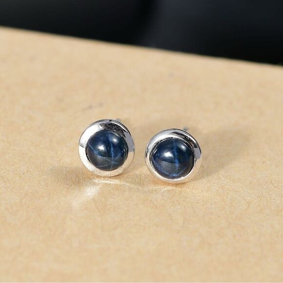 Blue Star Sapphire Solitaire Stud Earrings in Rhodium Sterling Silver - Picture 3 of 9
